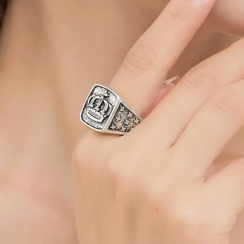 Silver Crown Signet Ring