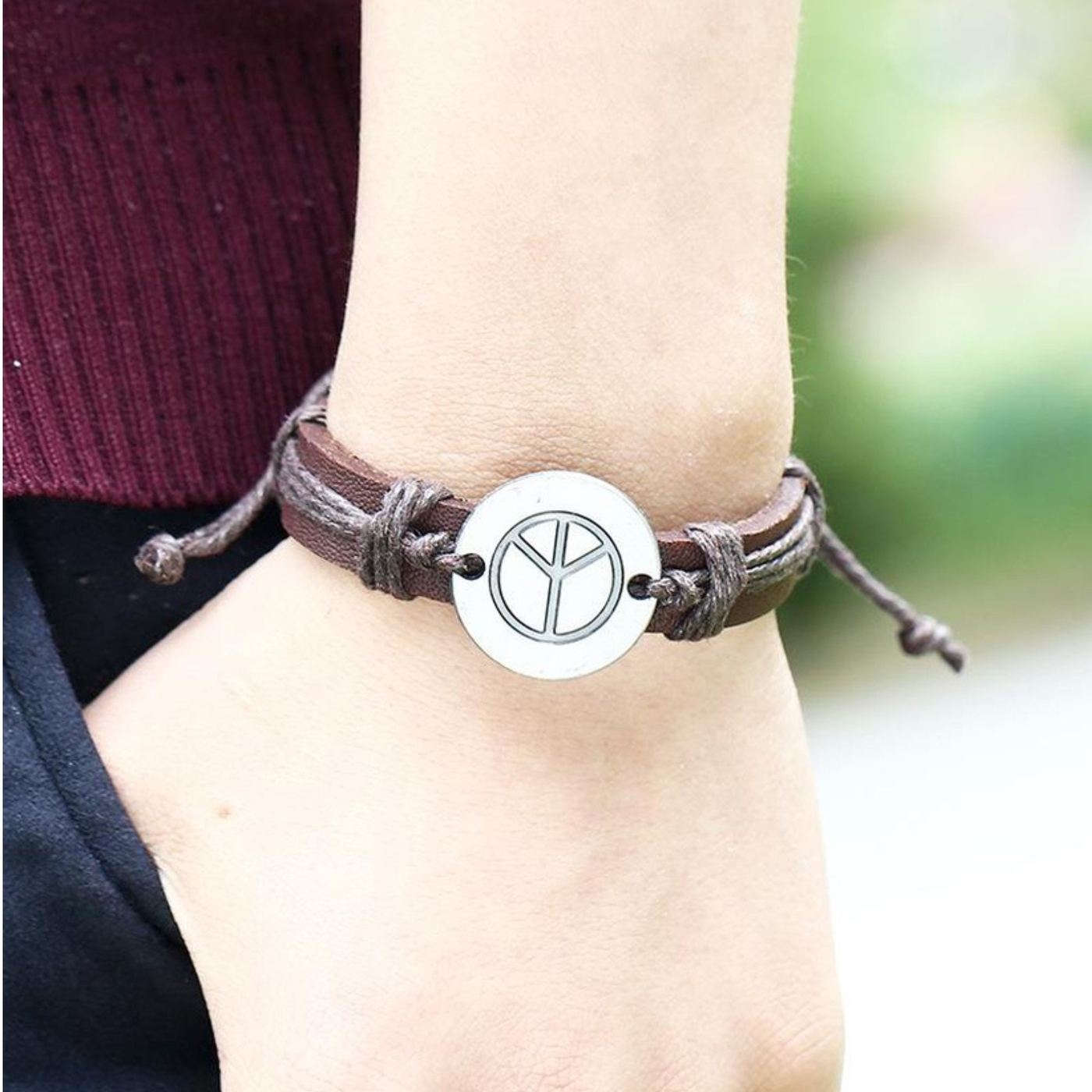 Leather Tag Friendship Bracelet, Bracelet For Him, Peace Logo Engraved