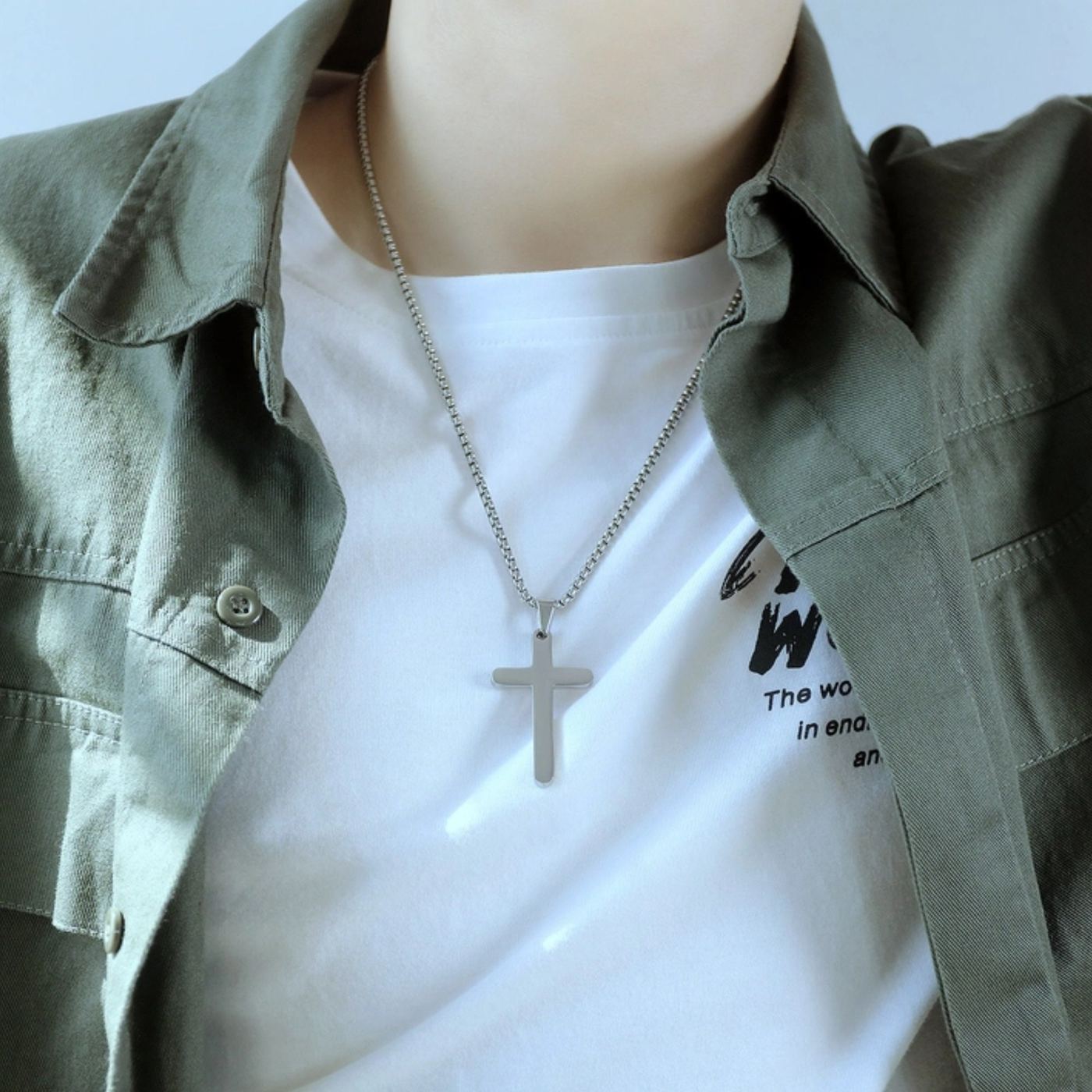 Men's Silver Cross Pendant Necklace, Stainless Steel Minimalist Religious Jewelry