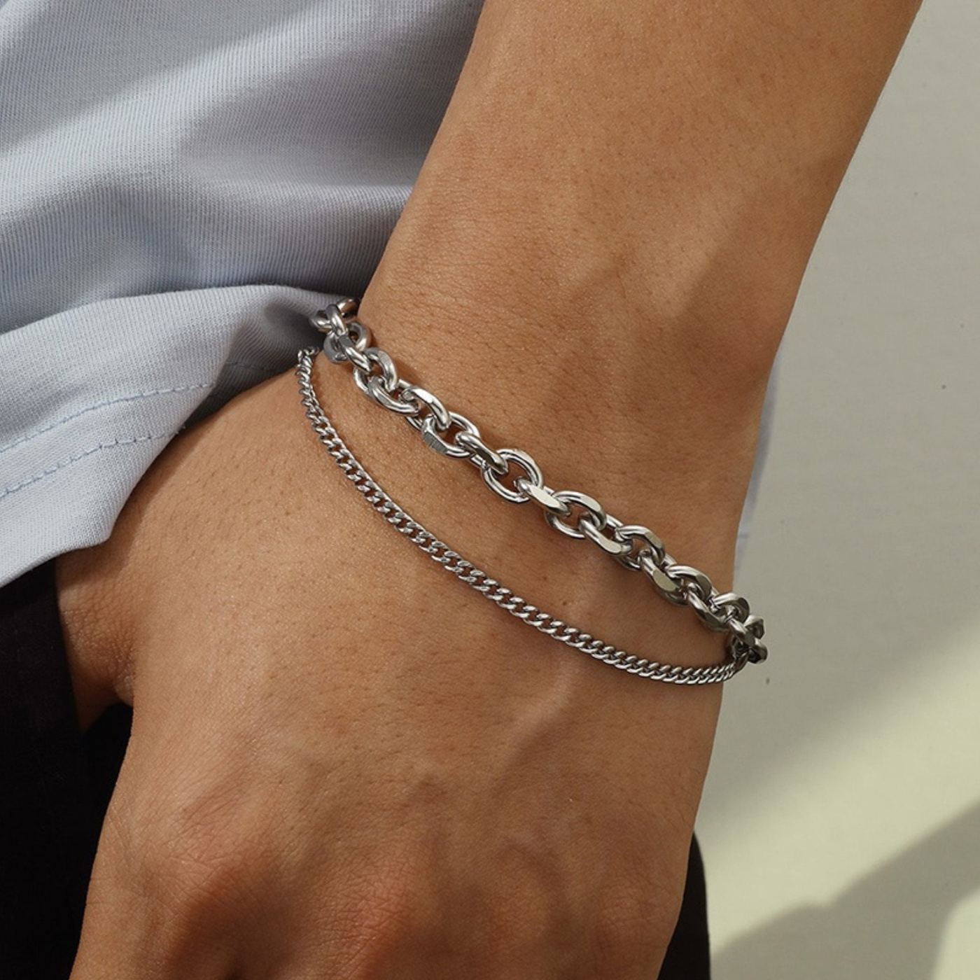 Silver men's bracelet, Double link bracelet for him, Waterproof Jewellery, Minimalist